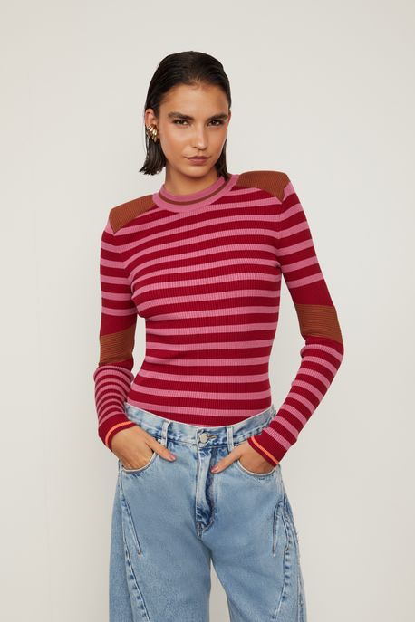 Blusa De Tricot Listrado Com Manga Longa Rosa Primula/ Marrom Ruibarbo/ Marrom Bi - GG