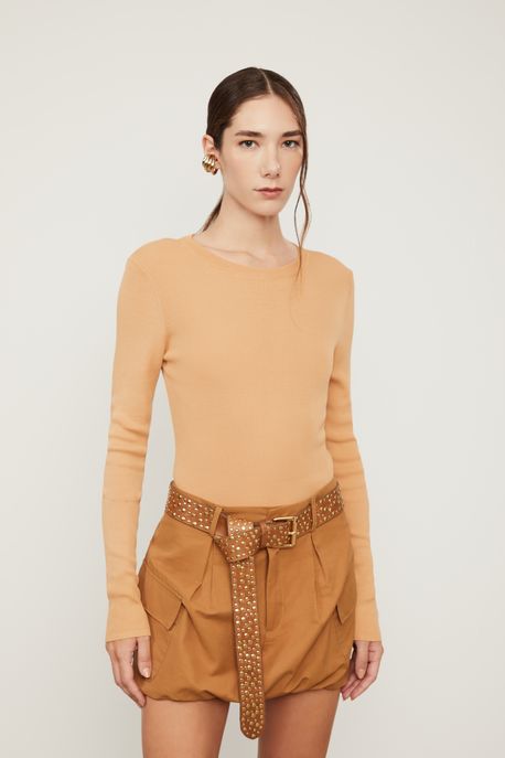 Blusa De Tricot Canelado Com Manga Longa Básica Marrom Doe - GG