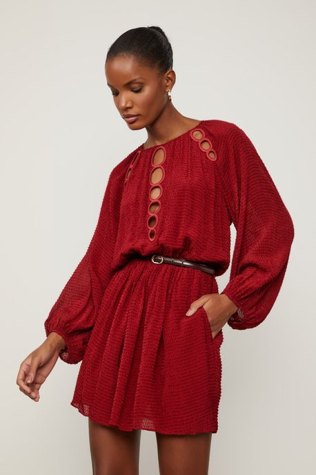 Vestido Curto Com Círculos Bordados Marrom Ruibarbo - 38