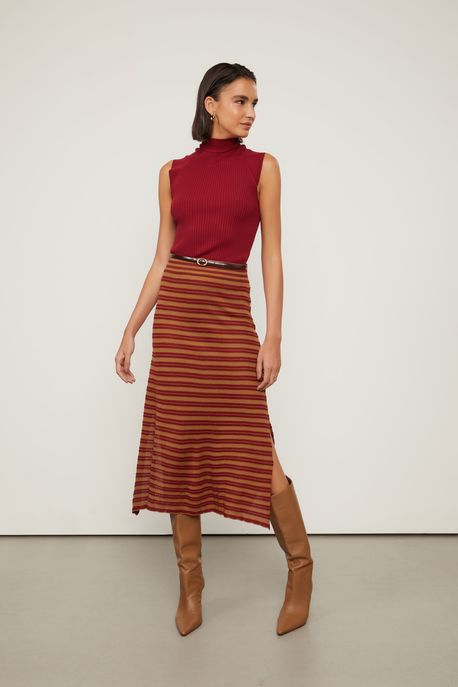 Saia De Tricot Midi Com Fenda Listrada Marrom Ruibarbo / Marrom Doe - P