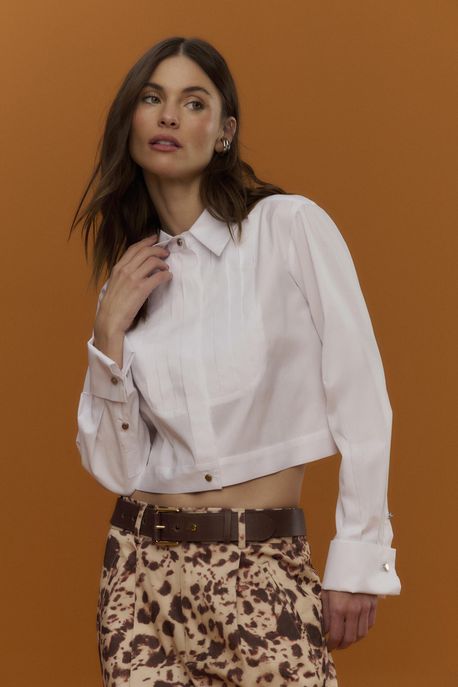 Camisa Cropped De Tricoline Com Nervuras Branco - 40