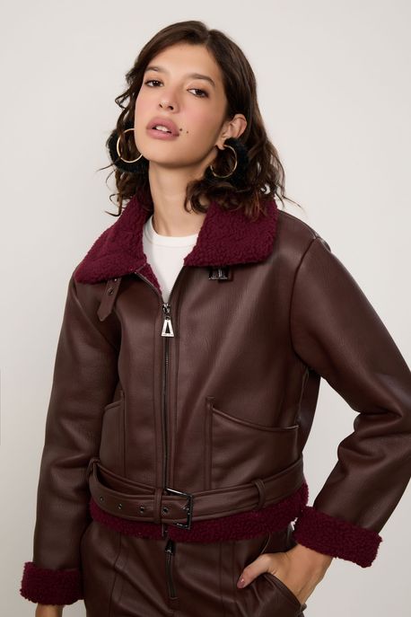 Jaqueta Like Leather Com Fur Marrom Café - P