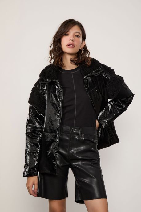 Jaqueta De Nylon Com Pelo Preto - M