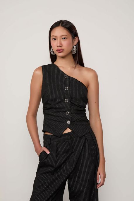 Colete Um Ombro Só Risca De Giz Shine Preto - P