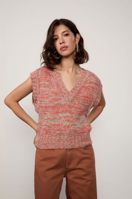 Colete De Tricot e Lurex Com Frisos Colorido - M