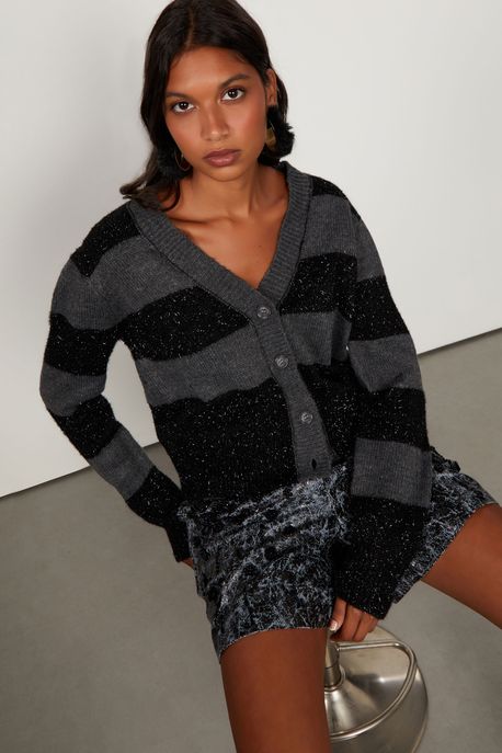 Cardigan De Tricot Listrado Com Pelinho Lurex Listrado - P
