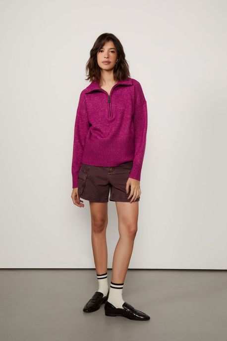 Pull De Tricot Com Gola De Zíper Rosa Primula - P