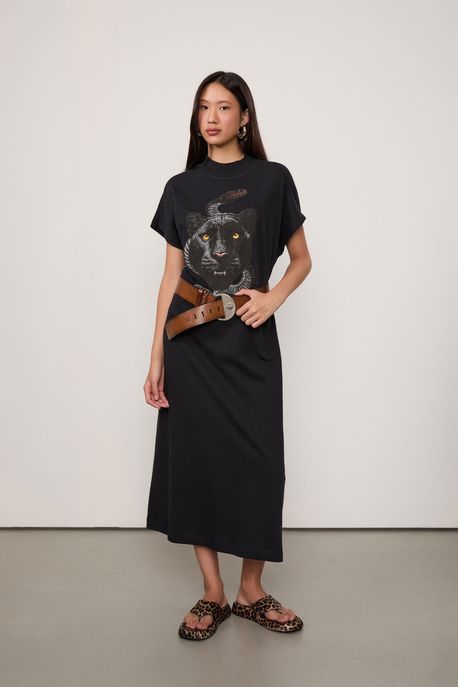 Vestido De Malha Gola Alta Pantera e Cobra Preto - M