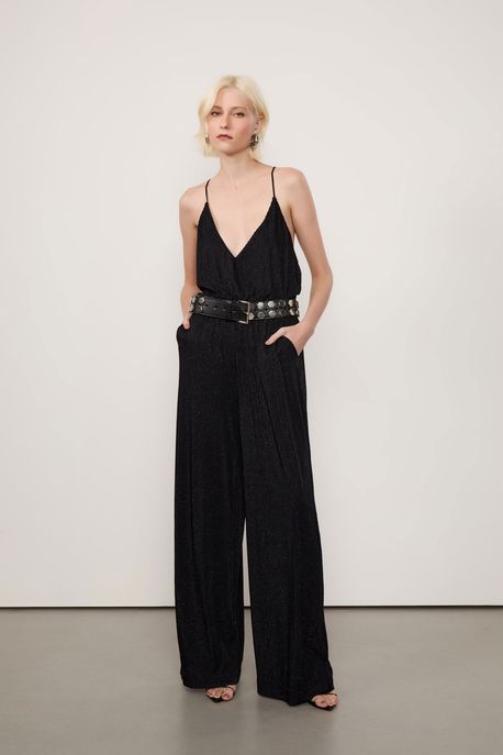 Macacão De Malha Com Listras De Lurex Pantalona Preto - G