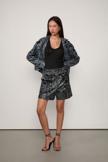 Bermuda Jeans De Alfaiataria Bordada Jeans Escuro - 34