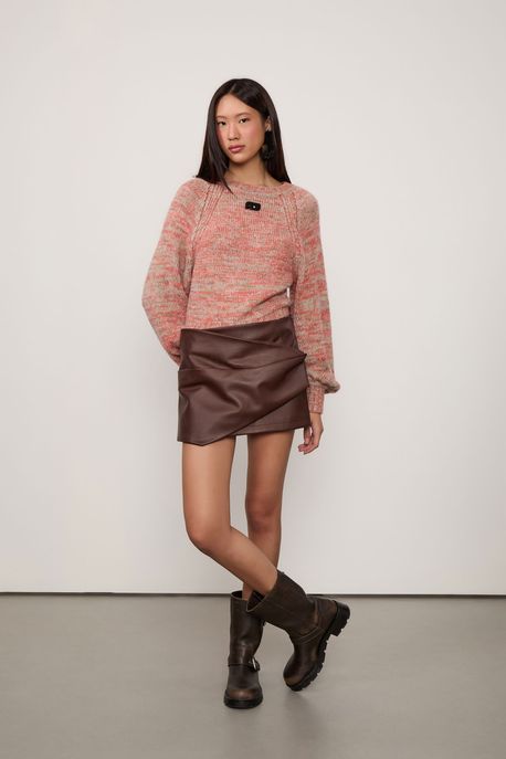 Saia Mini Like Leather Assimetrica Marrom Café - M