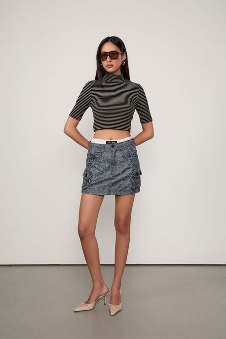 Saia De Jeans Box Resina Craquelada Black Jeans Escuro - 40