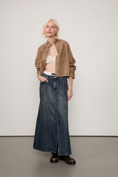 Saia De Jeans Longa Com Nesgas e Fenda Frontal Jeans Escuro - 34