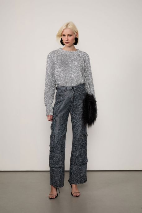 Calça De Jeans Boot 70s Cargo Resina Craquelada Black Jeans Escuro - 44