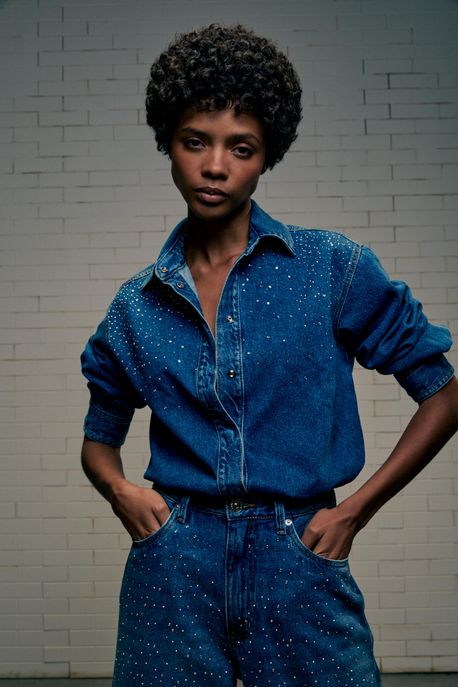 Camisa De Jeans Overboy Cristais Jeans Escuro - P