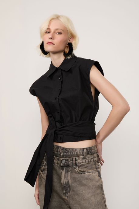 Camisa Cropped Com Amarração Preto - P