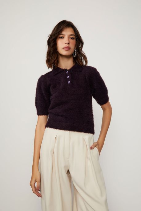 Blusa De Tricot Polo Pelinho Marrom Grape - P