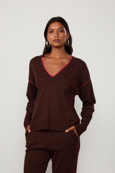 Blusa De Tricot Gola v Com Contraste Marrom Cafe - G
