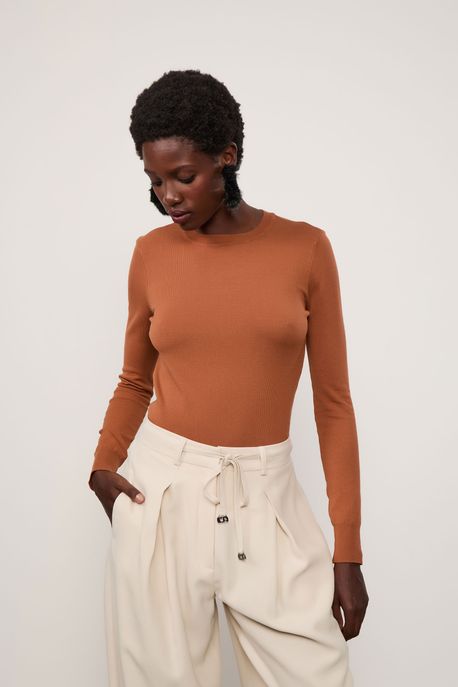 Blusa De Tricot Básica De Manga Longa Marrom Biscoito - P