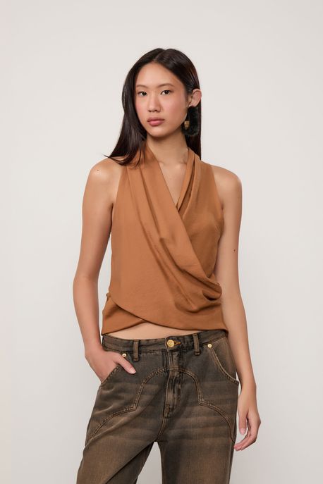 Blusa De Crepe Transpassada Marrom Biscoito - G