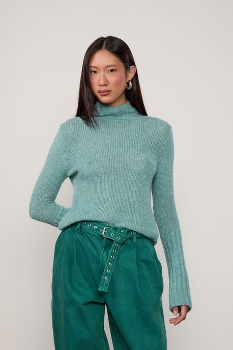 Blusa De Tricot Com Punho Largo Azul Ceramica - M