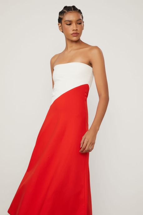 Vestido De Malha Midi Bicolor Sem Alça Vermelho Fiery - M