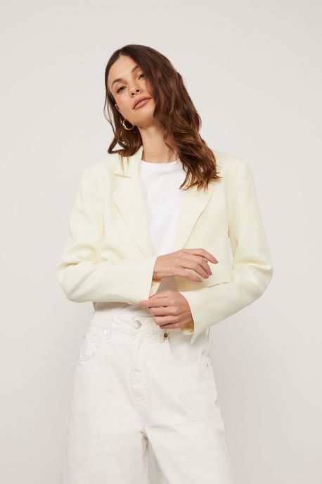 Blazer De Crepe Bege Cropped Bege Manha - 46