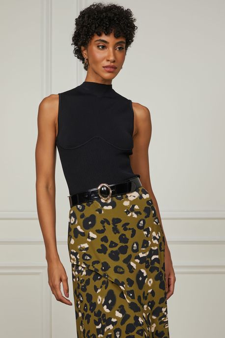 Saia De Georgette Midi Estampada Assimétrica Est Onca Spray Figo - 36