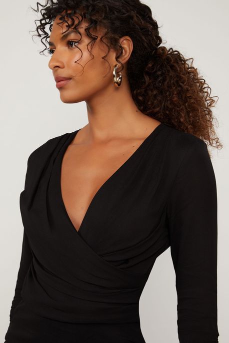 Vestido Drapeado Curto Preto Manga Longa Preto - 38