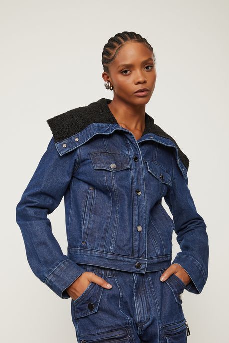 Jaqueta Jeans Com Detalhe Gola De Pelo Jeans Escuro - P