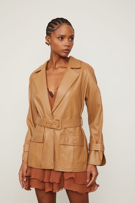 Trench Coat De Couro Curto Manga Fraldada Marrom Biscoito - M