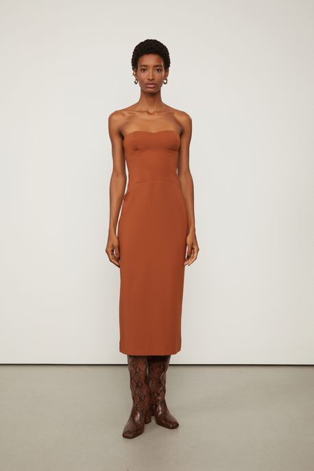 Vestido De Malha Estruturada Marrom Midi Corselet Marrom Biscoito - M