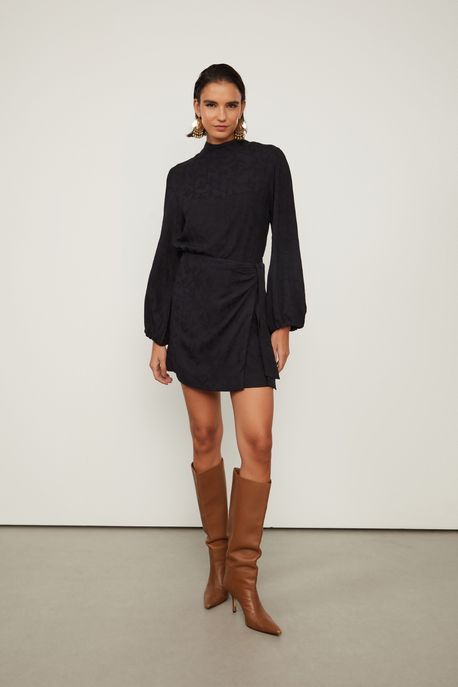 Vestido Curto Manga Longa Gola Alta Saia Pareô De Jacquard De Viscose Preto Preto - 40