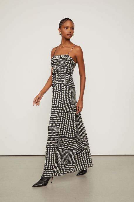 Vestido De Georgette Longo Com Busto Franzido Estampado Est Listra Corrente Preto e Off - 36