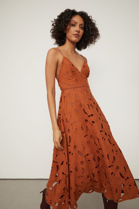 Vestido Midi De Alca Laise Arbo Marrom Biscoito - 42