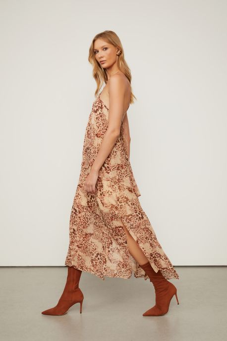 Vestido De Georgette Leve Midi Frente Única Estampado Camadas Est Onca Parda Cafe e Clash - 42