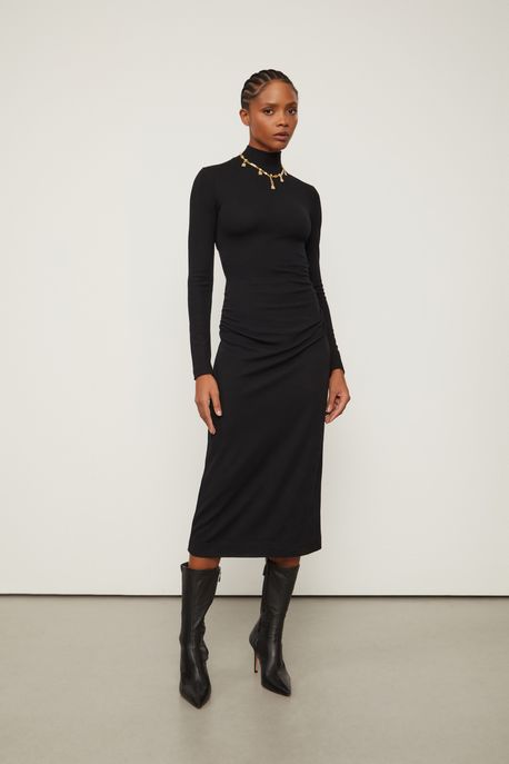 Vestido De Malha Crepe Preto Midi Decote Costas Preto - M