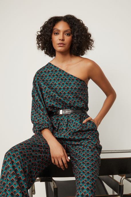 Macacão Manga Longa Um Ombro Só Bomber De Viscose Estampado Est Geo Losango Preto - 40