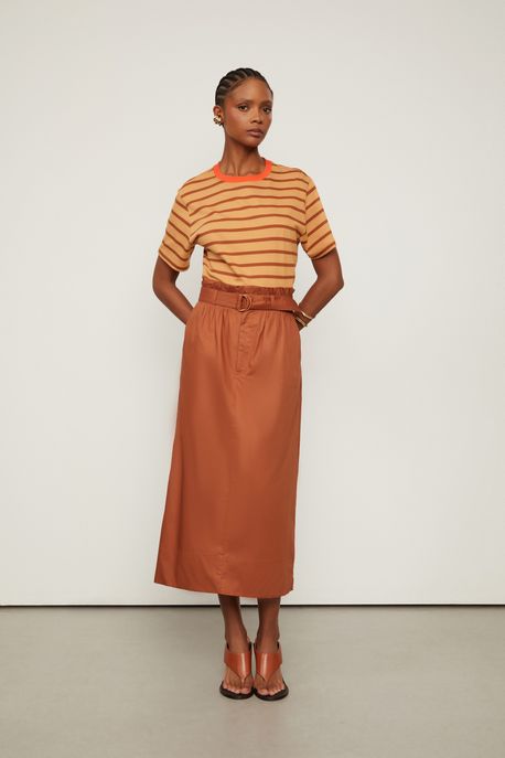 Saia Midi Com Cinto De Algodão Marrom Marrom Biscoito - 42