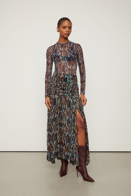 Saia De Georgette Leve Longa Pala Larga Estampada Est Textura Retro Biscoito e Nomade - 36