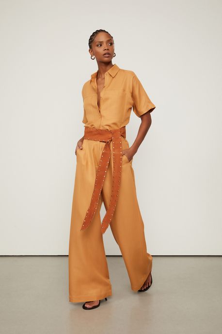 Calça Pantalona Basica Com Linho Marrom Marrom Doe - 42