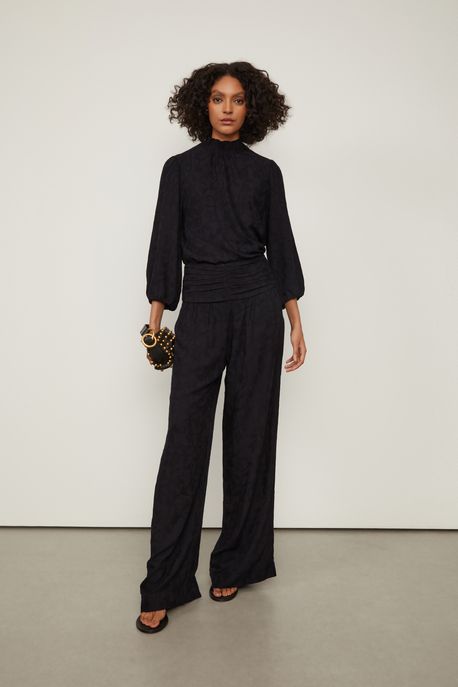 Calça Pantalona Pala Franzida De Jacquard De Viscose Preta Preto - 40