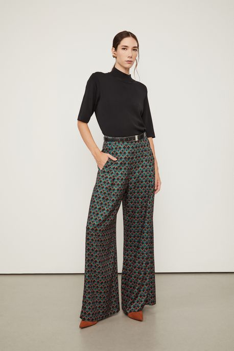 Calça Pantalona Sem Cós De Viscose Estampada Est Geo Losango Preto - 36