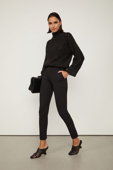 Calça Legging De Malha Estruturada Preta Com Cós De Tricot Preto - PP