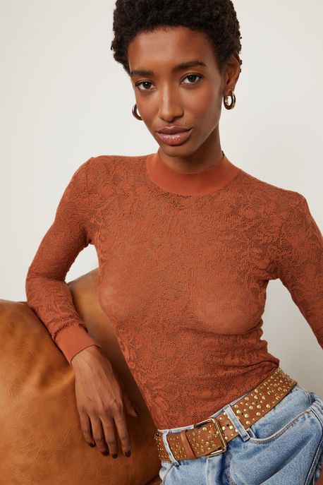 Blusa De Tricot Manga Longa Renda Marrom Biscoito - G