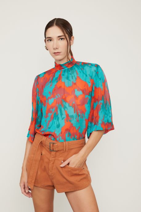 Blusa De Georgette Leve Gola Alta Estampada Est Floral Tricot Clash - 40