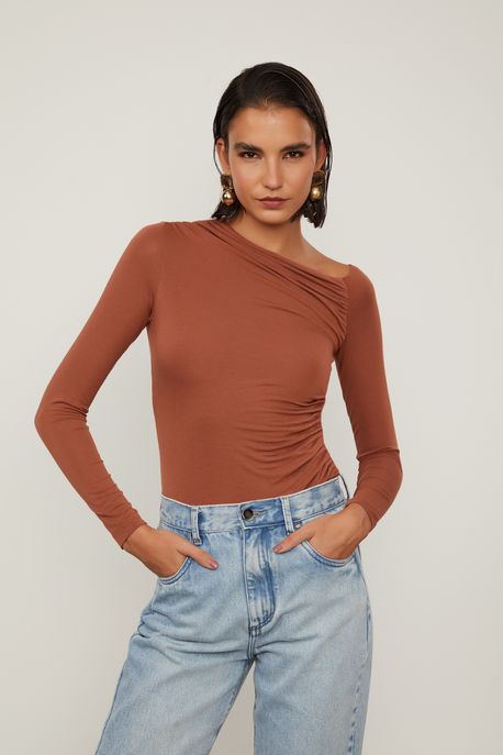 Blusa Manga Longa De Malha Marrom Marrom Biscoito - M