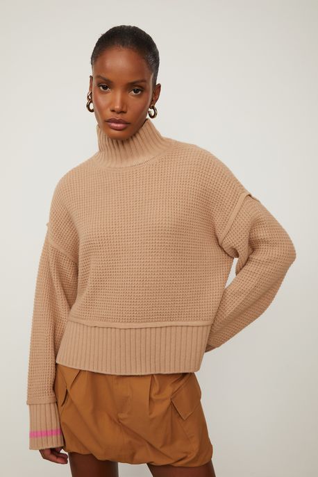Blusão De Tricot Pull Com Listra Contrastante Punho Marrom Doe - G