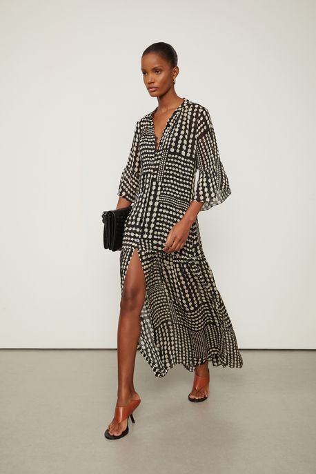 Vestido De Georgette Longo Estampado Est Listra Corrente Preto e Off - 34