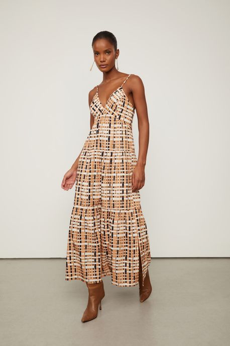 Vestido Longo De Alcinha Decote v De Algodão Estampado Est Xadrez Atalho Creme e Doe - 38